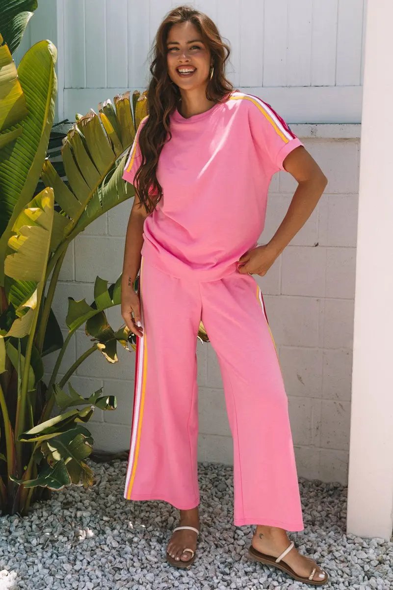 Bonbon Color Contrast Crewneck T Shirt and Wide Leg Pants Set - Love Salve